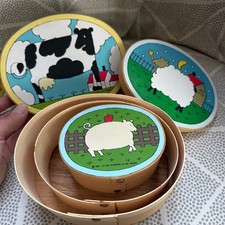 Vtg Farm Animals Wood Nesting Boxes 1982 Lillian Vernon Alan Wood Oval SET OF 3 picture