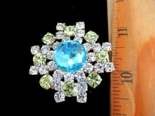 Outstanding  Czech Vintage Glass Rhinestone Button Yellow  & Crystal C/Turquoise picture