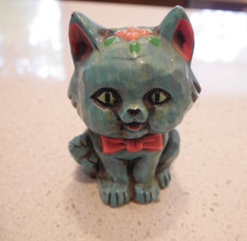 Vintage Blue Cat Coin Bank Big Eyes Kitten Figurine with Flower picture