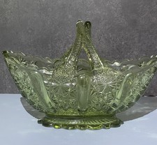 Vtg Fenton Daisy and Button Oval Basket Split Twig Handle Avocado 4x6” picture