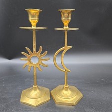 Vintage 90s Brass Celestial Candlestick Holders Pair Sun & Moon 7.5” Whimsigoth picture