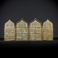 Antique Orthodox Bronze Enamel Four-Panel Folding Icon | 19th Cent Russian 16”_ picture