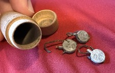 Antique c. 1910s-1940s US Post Office Lead Bag Seals Wire Wooden Tube Container picture