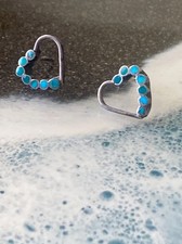 FLASH SALE Vtg Zuni Dishta Style Turquoise Inlay Petite Heart Earrings Sterling picture