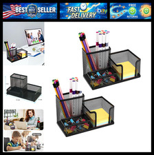 2-Piece Desk Pen & Pencil Organizer - Mesh Metal Pen Cup with Sticky Notes Holde picture