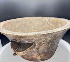 Antique African Carved Wood Bowl Bamileke or Yoruba Ritual Mortar Leather Repair picture