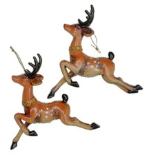 2 Celluloid Hard Plastic Reindeer Long Neck Deer Christmas Ornament Vtg MCM picture