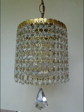 VTG Mid Century Crystal Basket Chandelier Swag Lamp Plug In Brass Palwa Style picture