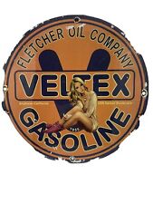 1955 VINTAGE STYLE ''FLETCHER OIL VELTEX' PORCELAIN ENAMELED PUMP PLATE 12 INCH  picture