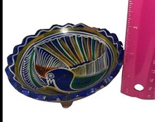 Talavera Mexican Pottery Scalloped Footed Bird Bowl, 4” Terra-cotta  picture