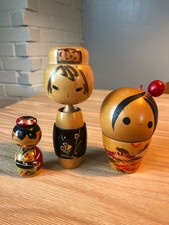 Set 3 Japanese Kokeshi Vintage Wooden Dolls Traditional Stamped on bottom picture