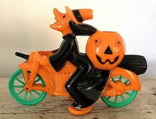 RARE Vintage Halloween ROSBRO WITCH on a MOTORCYCLE - Plastic CANDY CONTAINER picture