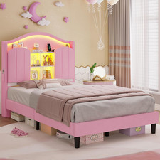 Girls LED Twin Size Bed Frame with Upholstered Storage Headboard picture