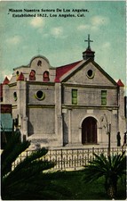 Mission Nuestra Senora De Los Angeles CA 1822 Old Plaza Church Linen Postcard picture