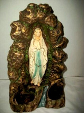 ANTIQUE FRENCH VIRGIN MARY GROTTO SHRINE OUR LADY OF LOURDES PLASTER ALTAR FONT picture