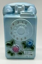 Vintage Coin Bank Ceramic Blue Rotary Dial Pay Phone Wall Telephone Japan 8