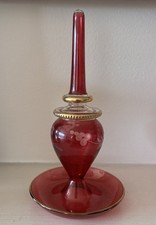 Cranberry Glass Ring Holder Etched Flower Gold Details  picture
