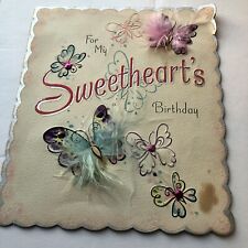 Vtg Hall Bros 1947 Hallmark Sweetheart Birthday Card Feather Sequin Butterflies picture