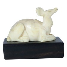 Antique Carved Mineral Deer Fawn Figurine Wood Base Miniature 19th Century picture