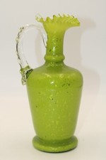 Cased Green Glass Pitcher Vase Hand Blown Speckled Glitter Ruffled 1940's picture