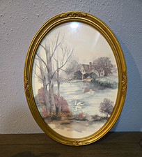 Vintage Oval Gold Framed Swan Lake Cottage Landscape Wall Art Romantic Decor picture