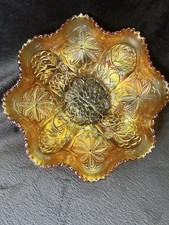 Vintage Fenton Water Lily Marigold Carnival Glass Footed Bowl Gorgeous Color 9” picture