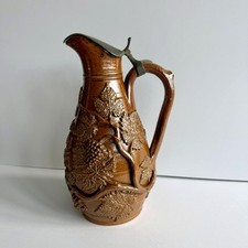 Antique 19th C Stoneware Wine Jug Grapevine Relief Pewter Lid French Beauvais St picture