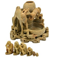 Antique Chinese Carved Soapstone Inkwell Brush Pot Monkey Flower Sculpture Vase picture
