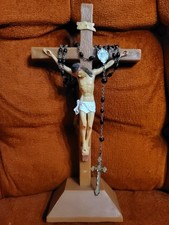 Vintage Standing Crucifix Altar Cross Faux Wood Resin Jesus Statue w/ Rosary picture