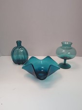 Lot Of 3 Peacock Blue Teal Art Glass 2 Bud Vases 5