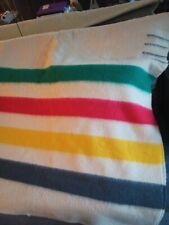 Vintage Hudsons Bay 4 Point Striped Wool Blanket Approx 80”x96” S Stain No Tags  picture