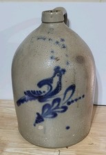 Antique 2 Gal Salt Glaze Stoneware Jug Cobalt Blue Bird New York 19th Century picture