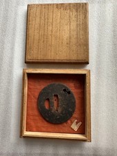 Japanese Satsuma Iron Tsuba Plain Oval Antique Sword Fitting With Wood Box picture