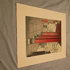 Japanese Print Artwork on Paper w/ Figures on Veranda, Red Railings, Text  picture