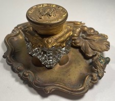 ANTIQUE GILT METAL & CUT GLASS INKWELL PAT DEC 28 1897 ART NOUVEAU FLOWERS picture