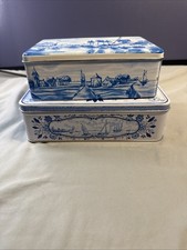 **Vintage Delft Blue & White Storage Tins - Set of 2** picture
