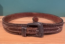Vintage KEYSTON BROS Sterling Silver & Brown Tooled Leather Belt Size 34 picture
