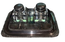 Antique E.G. Webster & Son Silverplate Double Inkwell Desk Set Broken picture