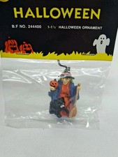 Vtg Ben Franklin NOS Halloween Miniature Ornament Witch w/ Cat Broomstick~1.25