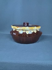 Vintage USA Brown Drip Glazed Stoneware Covered Casserole / Bean Pot picture