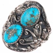sz13 vintage Navajo sterling silver 2 stone ring with Morenci turquoise picture