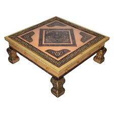 Diwali Handmade Golden Oxidized Finish Wooden Chowki for Home and Office Decor picture