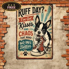 Boston Terrier Dog Kisses Fix Everything Teal Black Pet Metal Tin Sign picture
