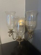 Pair Of Vintage Brass Triple Candle Holders With Etched Glass Globes picture