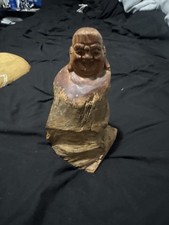 Hand Carved Wood Laughing Buddha Figurine Rustic Natural Grain Statue picture
