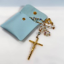 Vintage Rosary Necklace Gold Tone Clear Faceted AB Beads Crucifix 32