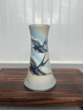 Vintage Ceramic Hat Pin Holder Swallow Bird Blue Sky Gold Trim Unmarked Rare picture
