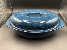 Vintage Oval Enamelware Blue Speckled Roasting Pan with Lid Marked USA picture
