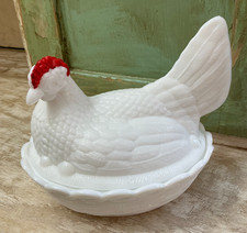 Vintage Westmoreland Milk Glass Hen on Nest Split Tail Red Comb Basket Weave picture
