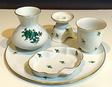 Vintage Vienna Augarten Maria Theresia Green Rose 5 Piece Set Tray Lighter 103 picture